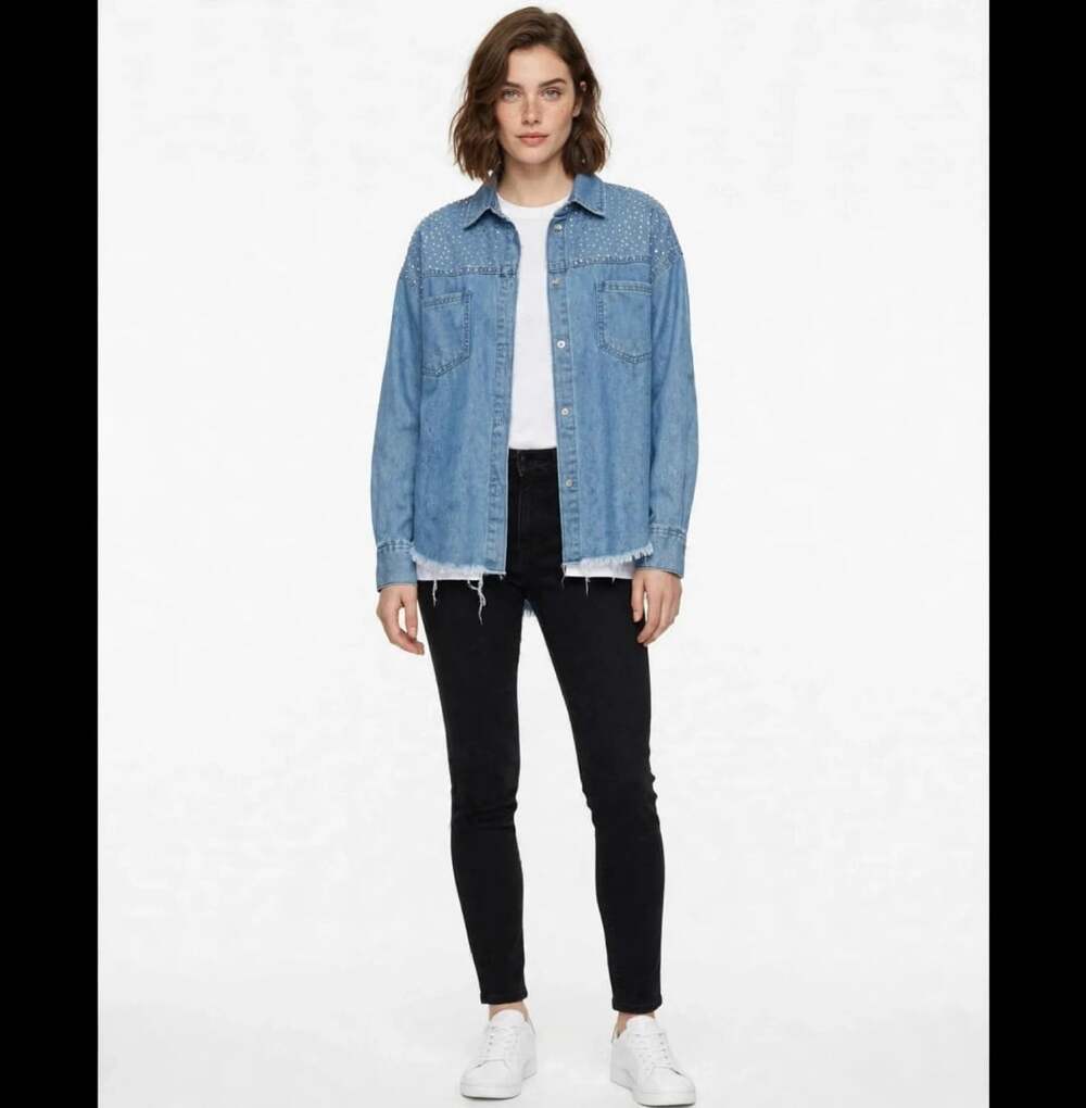 THRILL Denim Shirt - Light Wash Rhinestone Studded Yoke - Frayed Hem Western Gla